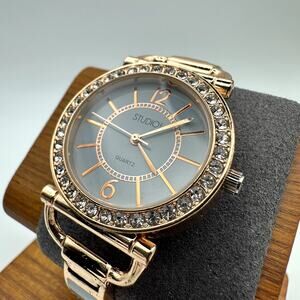Studio Time Rose-Gold Tone Crystal Bezel Gray Dial Quartz Bangle Watch